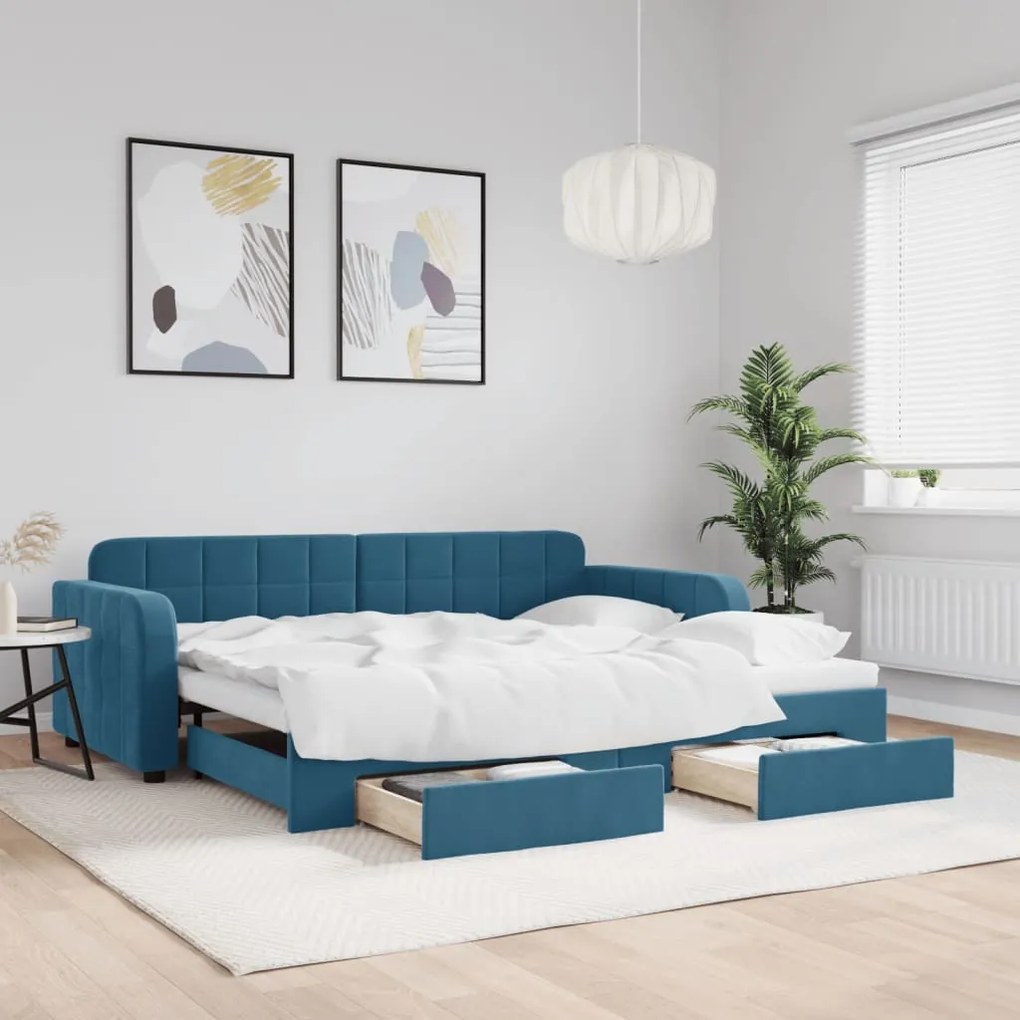 Sofá-cama com gavetão e gavetas 90x200 cm veludo azul