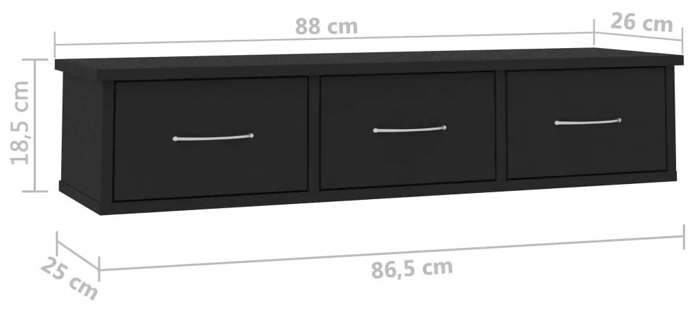 Prateleira gavetas p/ parede 88x26x18,5cm deriv. madeira preto
