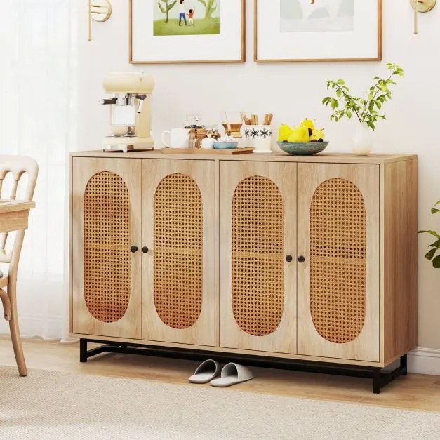 Aparador com 4 portas em rattan 126 x 40 x 81 cm, prateleiras ajustáveis, pés metálicos e 2 dispositivos anti-tombamento para sala de jantar, cozinha