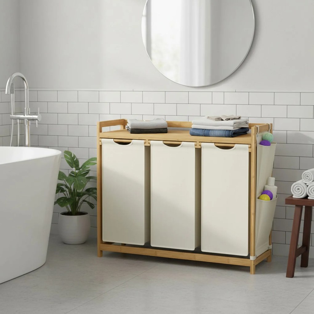 Cesto da roupa suja com 3 compartimentos, bambu 150 L, 93,8 x 33,8 x 78 cm branco