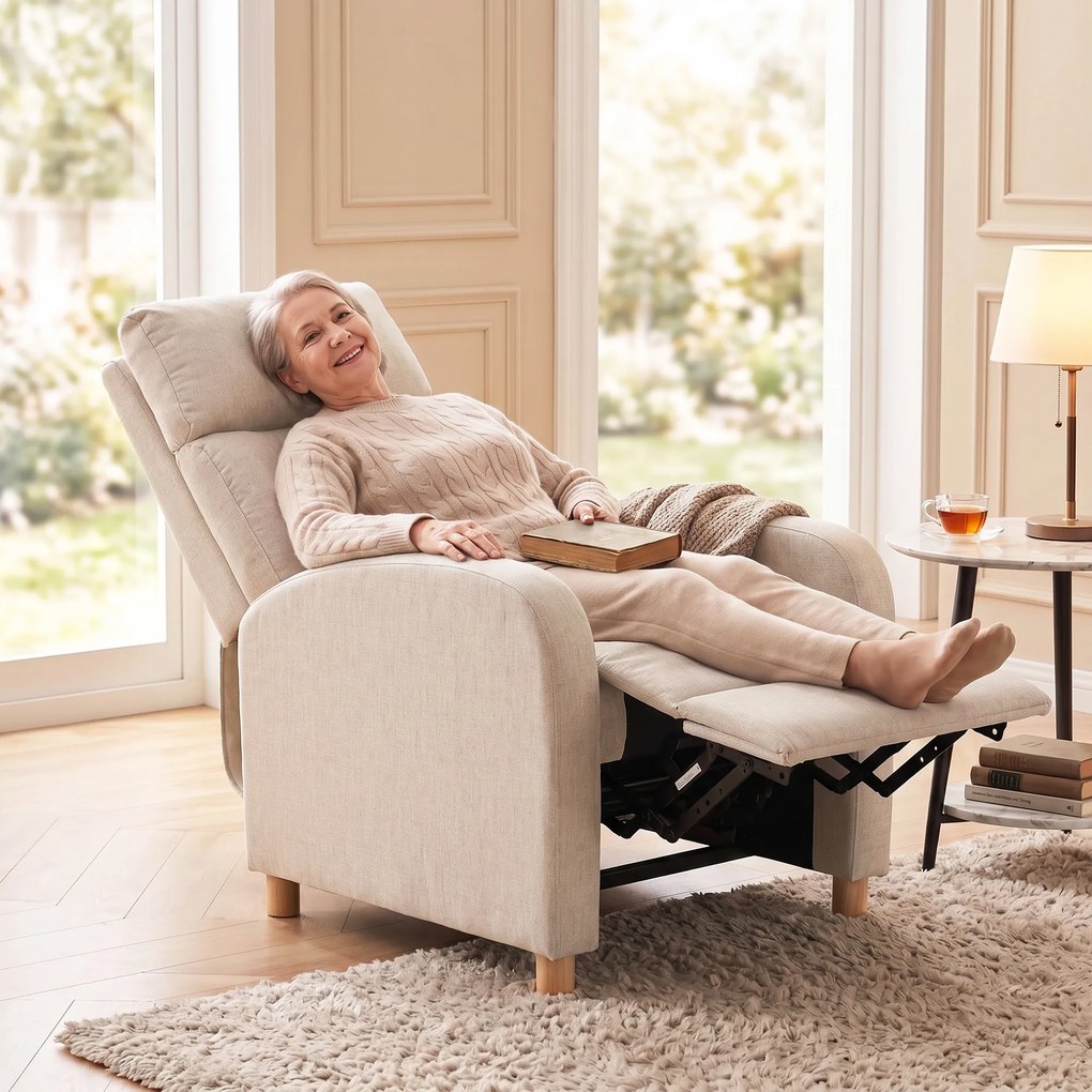 Poltrona Relax Reclinável Manualmente a 135° com Apoia-pés em Tecido, Bege
