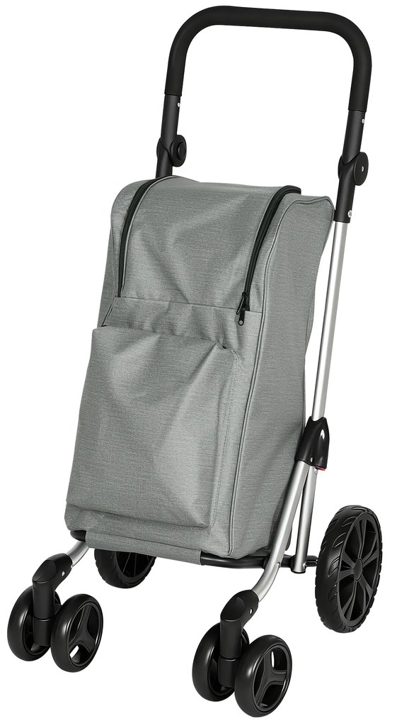 Carrinho de Compras Dobrável de 46 L de Alumínio com Saco Térmico 3 em 1 com 6 Rodas e Asa Ajustável 44x58x100 cm Cinzento