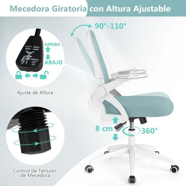 Cadeira de escritório ergonómica com apoio lombar integrado, apoios de braços rebatíveis, rodas universais, altura ajustável, Azul