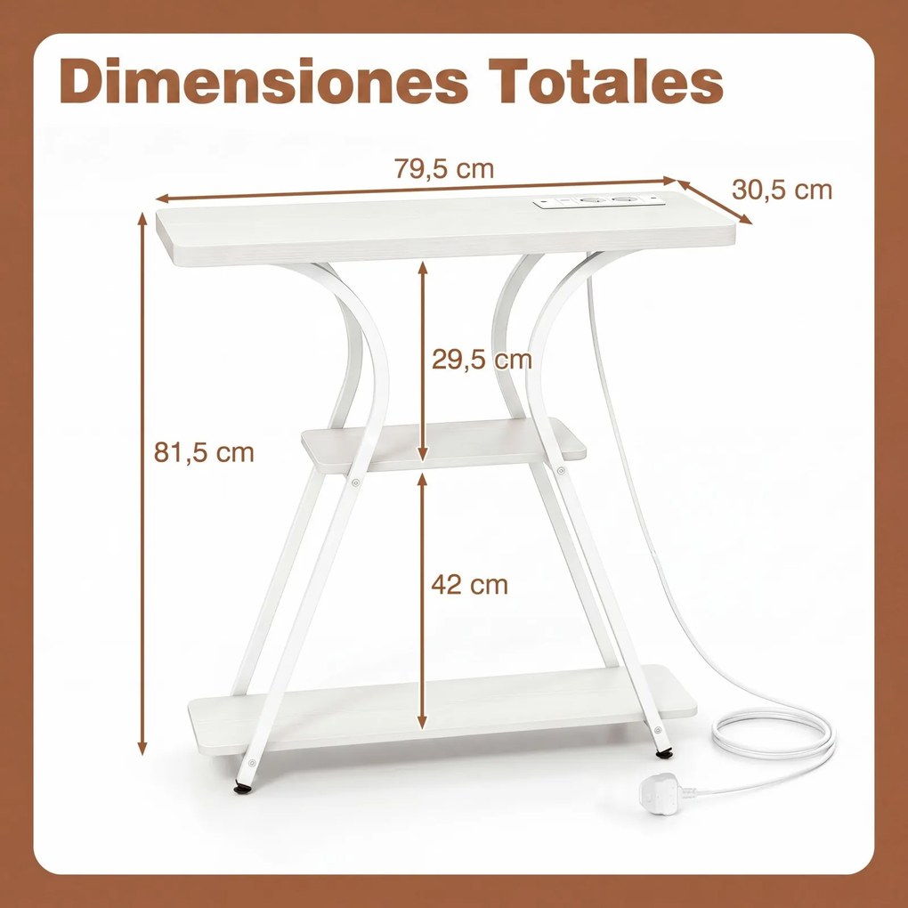 Mesa consola com luzes LED e base de carregamento 79,5 x 30,5 x 81,5 cm, 3 níveis, estantes abertas, kit anti-tombamento, estrutura metálica, para sal