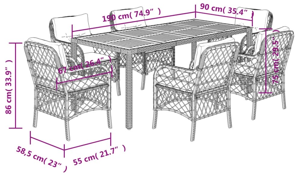 7 pcs conjunto de jantar p/ jardim c/ almofadões vime PE cinza