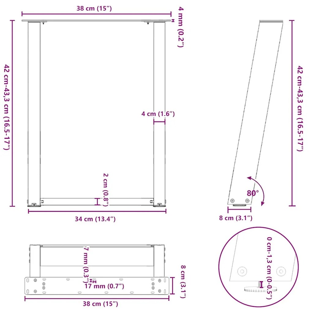 Pés para mesa de centro em formato de U, 2 peças, branco, 38x(42-43) c