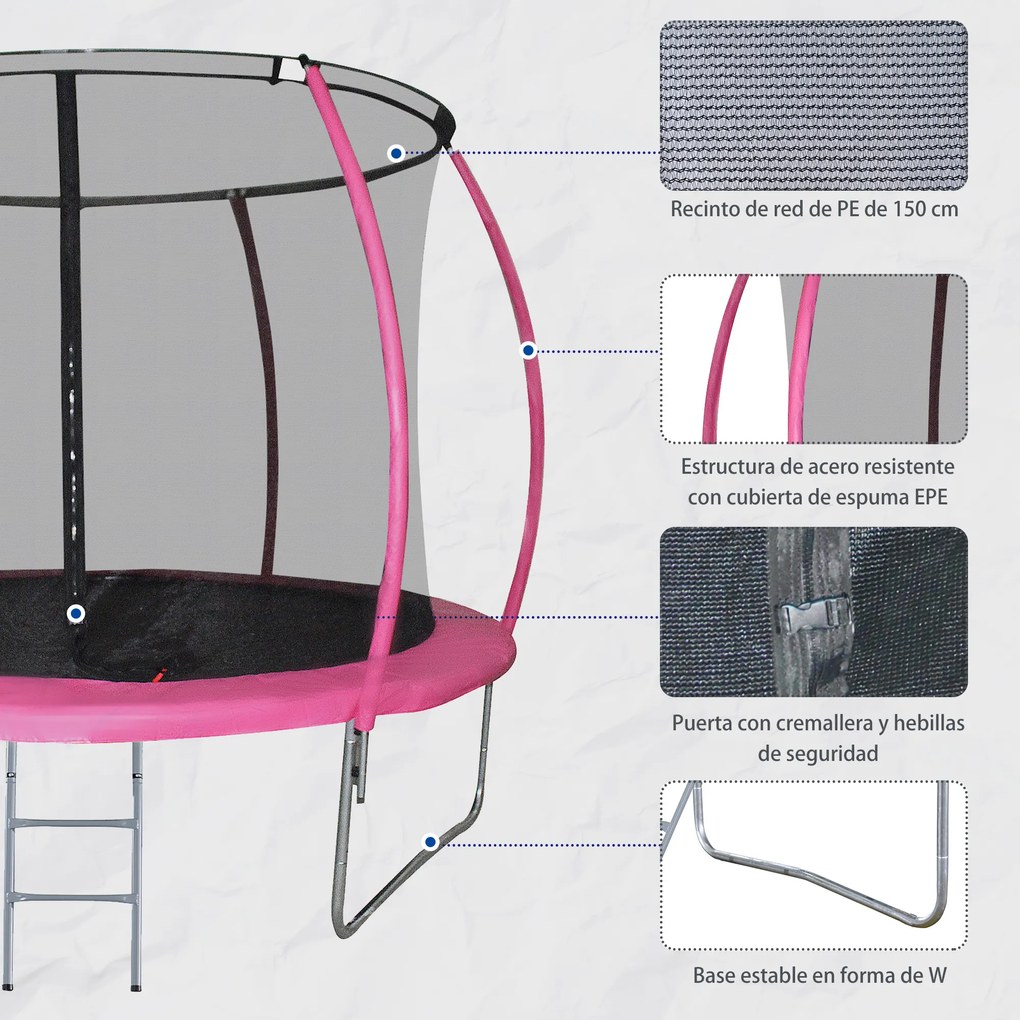HOMCOM Trampolim de Jardim Φ244cm Trampolim para Crianças e Adultos com Rede de Segurança Cobertura nas Bordas e Escada para Exterior Rosa