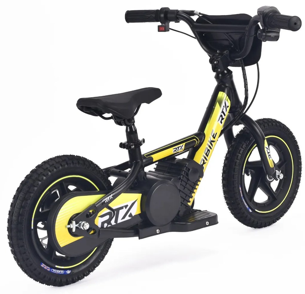 Bicicleta eléctrica para crianças RIRIBIKE RTX3 24V (12"), bateria de lítio, motor de 100W, travão de disco, assento ajustável em PU macio amarela