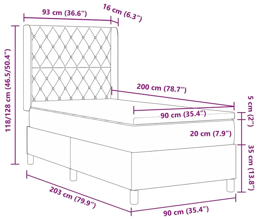 Cama Box Spring com Colchão Cinza Claro 90x200 cm Veludo