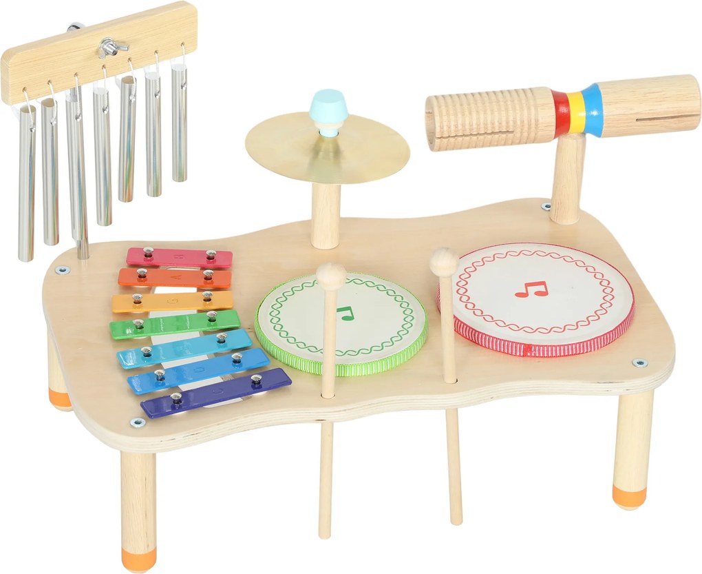 AIYAPLAY Instrumentos Musicais Infantis de Madeira Montessori com Tambor Xilofone Duplo Som Prato Sino de Vento Madeira Natural | Aosom Portugal