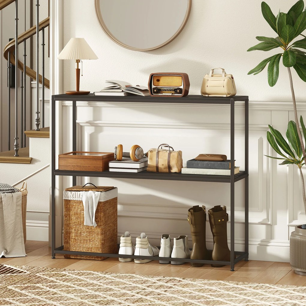 Mesa consola em aço com 2 prateleiras 100 x 30 x 87 cm, design moderno, para sala de estar, hall de entrada ou corredor preta
