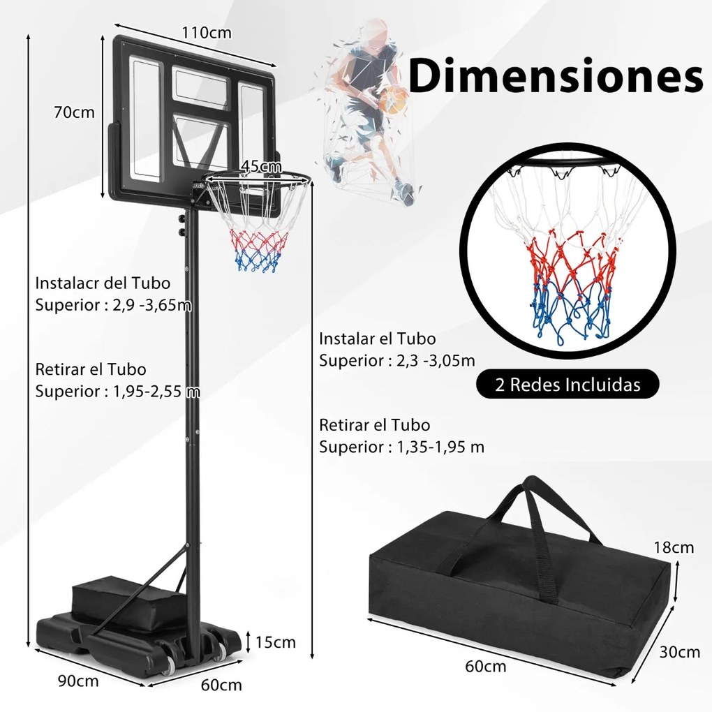 Cesto de basquetebol portátil com 11 níveis de altura ajustável com 110 cm de tabela Base almofadada Saco de peso para crianças
