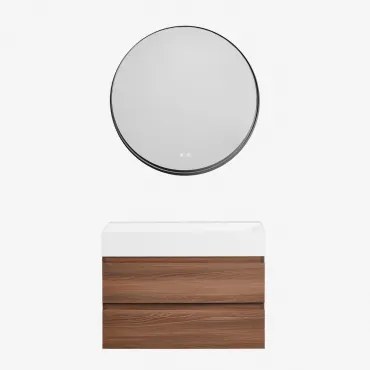 Conjunto De Móvel De Casa De Banho Em Madeira E Chapa De Freixo Com Lavatório Integrado Ona Madeira Escura & Redondo Led - Sklum