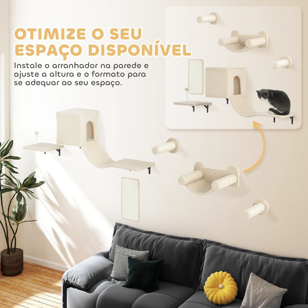 Conjunto de Prateleiras de Escalada para Gatos de 6 Peças com Placa para Arranhar e Poste de Sisal Bege