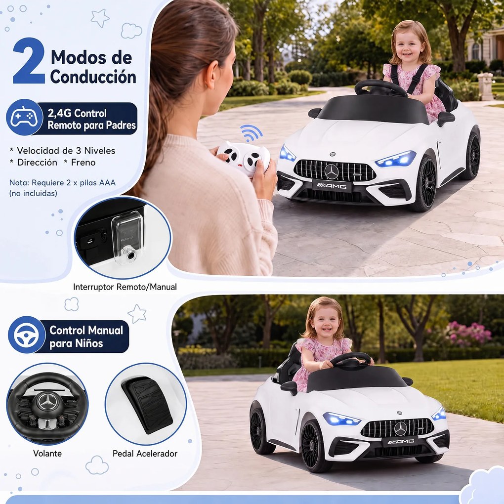 Carrinho Elétrico Infantil 2 a 5 anos até 25 kg, 99 x 54 x 43 cm, Comando à Distância, Branco