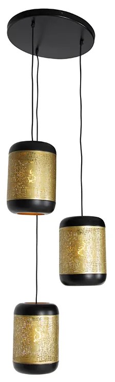 Candeeiro de suspensão vintage preto com latão redondo 3 luzes - Kayleigh