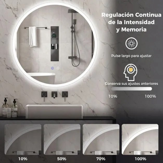 Espelho de casa de banho LED redondo de 60 cm com 3 cores de luz, regulação da intensidade, antiembaciamento e memória Prata