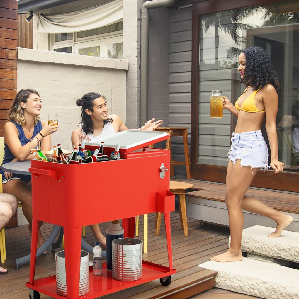 Carrinho Geleira para Bebidas e Gelo 76 L Carrinho Portátil com Rodas e Abre-Garrafas 72 h para Festas Exteriores Pátio Jardim 91 x 48 x 87 cm Vermelh