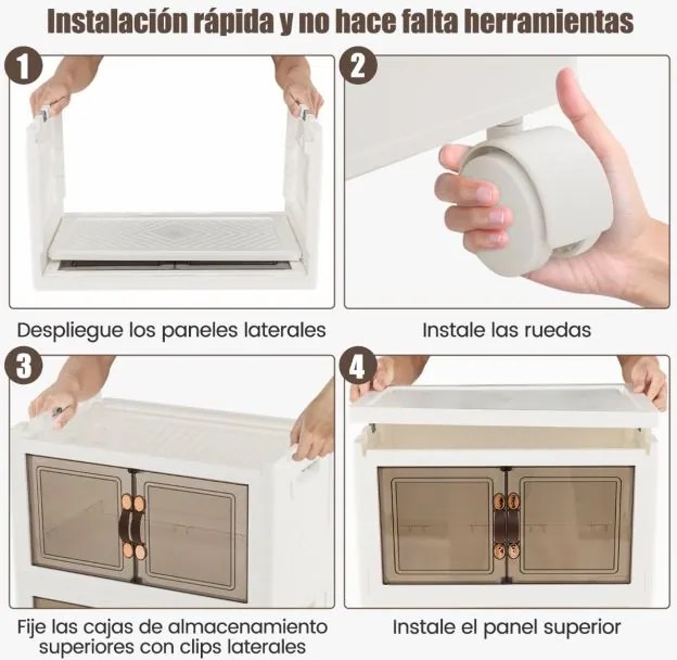 Conjunto de 4 caixas de arrumação empilháveis com portas de rodas com fecho e tampas dobráveis em PP para o quarto Branco 49,5 x 31,5 x 112,5 cm