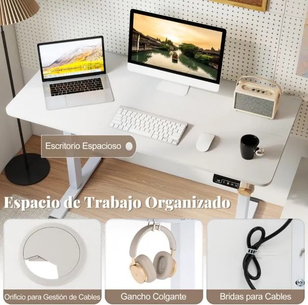 Secretária elétrica ajustável em altura 120 x 60 x 73-118 cm para trabalhar em pé e sentado com gancho para auscultadores Memória de alturas Branco