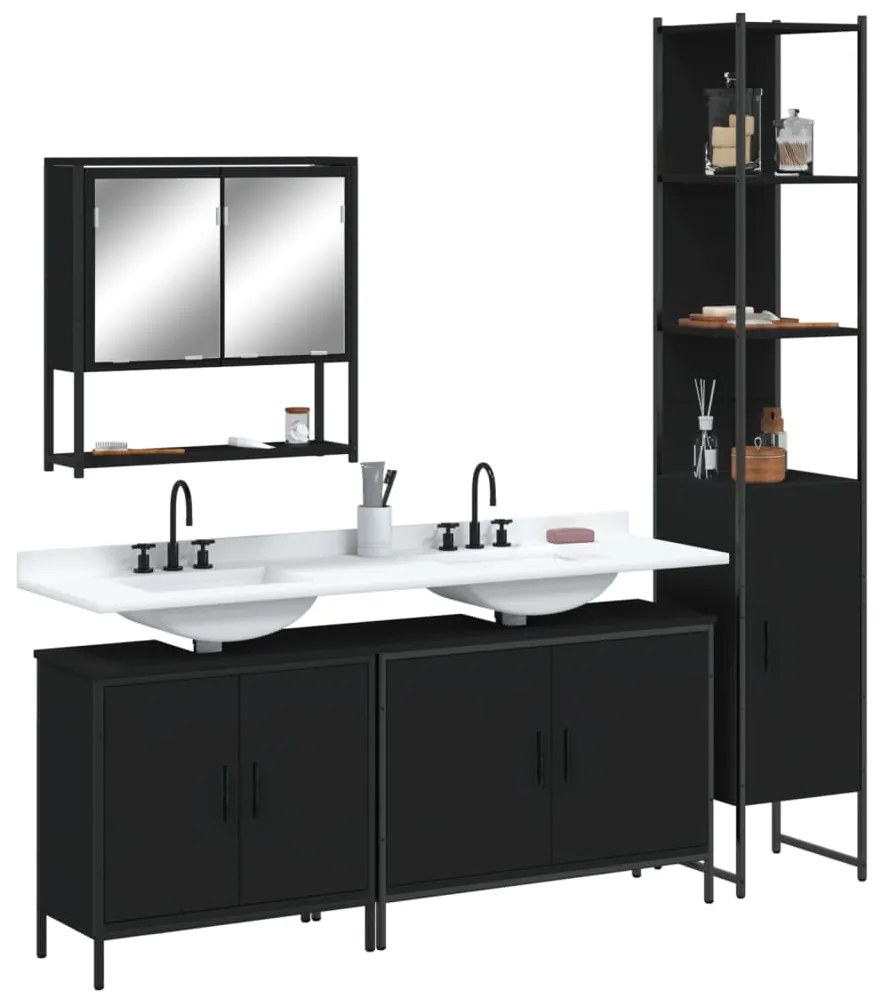 vidaXL 4 pcs conjunto móveis casa de banho derivados de madeira preto