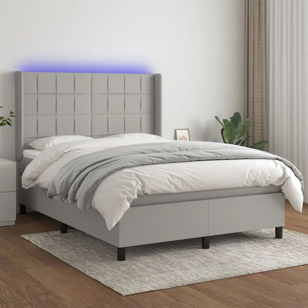 vidaXL Cama box spring c/ colchão e LED 140x200 cm tecido cinza-claro