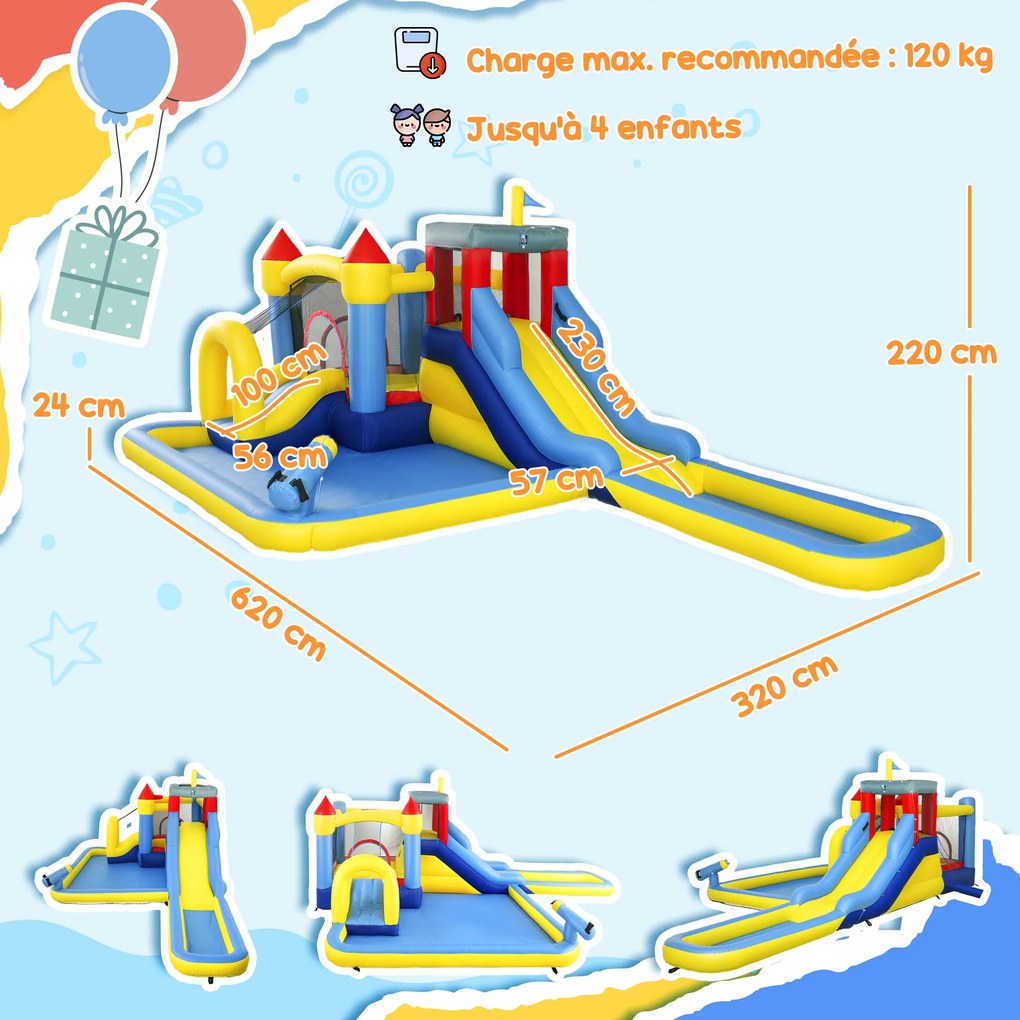 Castelo insuflável com soprador 620C x 320L x 220A cm, parque aquático, escorregas, trampolim, parede de escalada, canhão e cesto de basquetebol multi