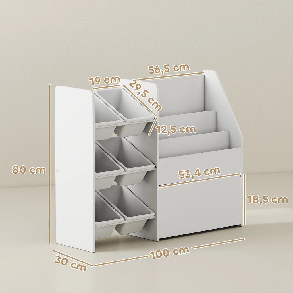 Estante Infantil para Brinquedos com 6 Caixas Removíveis 3 Prateleiras Abertas e Gaveta Inferior com Rodas 100x30x80 cm Branco