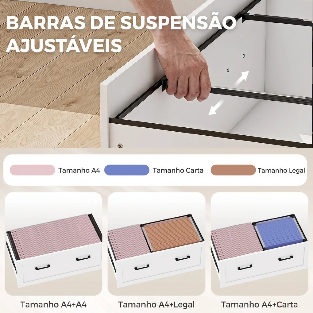 Arquivador com Portas de Vidro e Gaveta, Armário de Escritório com Barras Ajustáveis para Arquivo, 75x40x141 cm, Branco