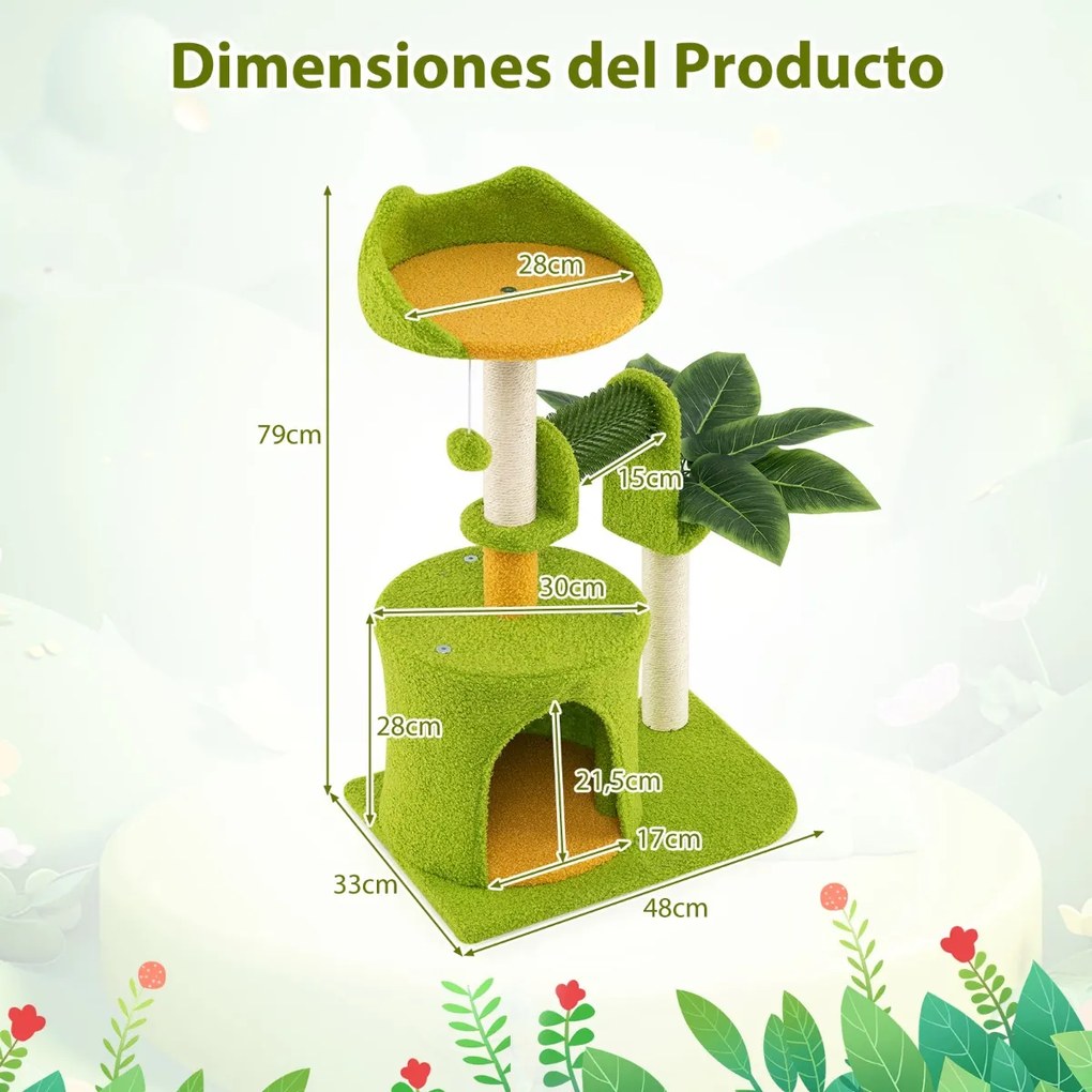 Árvore para gatos em forma de palmeira com folhas artificiais, postes de sisal, escova com pompons verde e laranja