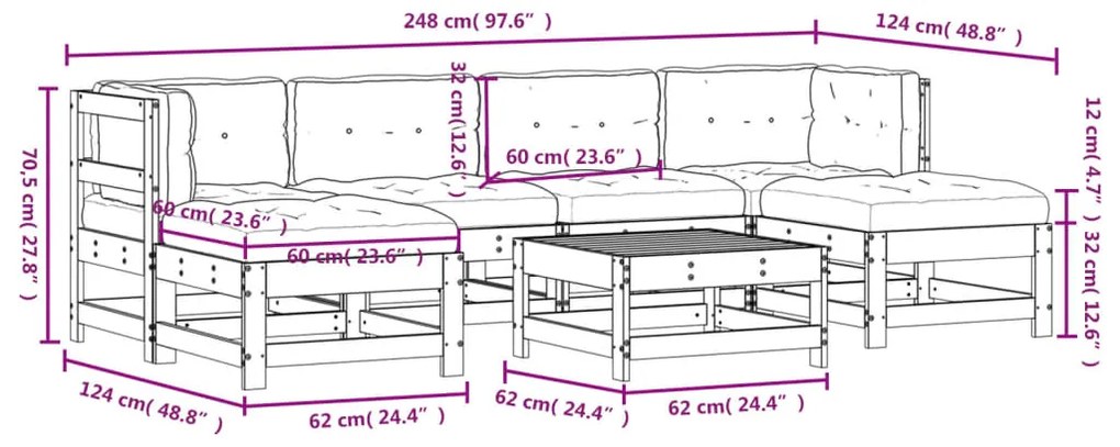 7 pcs conjunto lounge jardim c/ almofadões madeira maciça