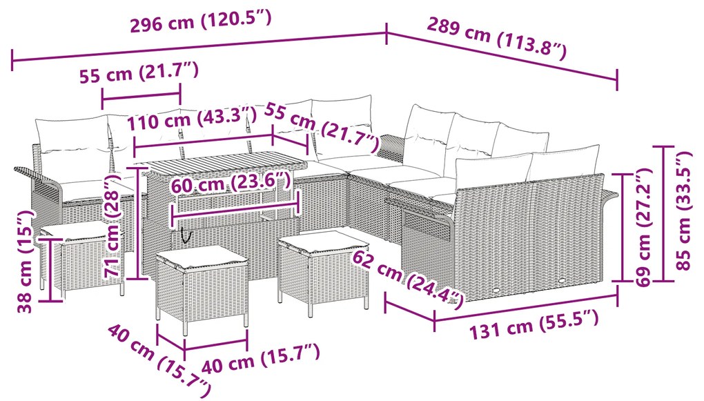 Conjunto de Sofá para Jardim com Almofadas VidaXL de 14 Peças Cinza Ra