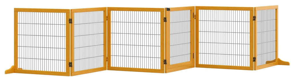 Pawhut Barreira de Segurança para Cães Barreira Modular Dobrável 6 Painéis 2 Pés de Suporte Madeira 432x36x70 cm Amarelo | Aosom Portugal