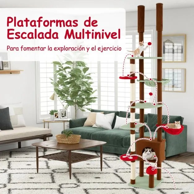 Arranhador para gatos do chão ao teto Altura ajustável com tema de cogumelo com caverna e rede Cesto suspenso giratório Castanho