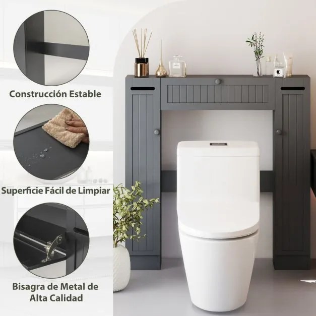Estante sobre sanita 89 x 19,5 x 99 cm de casa de banho com prateleiras ajustáveis com suporte para papel higiênico Porta basculante Cinzenta