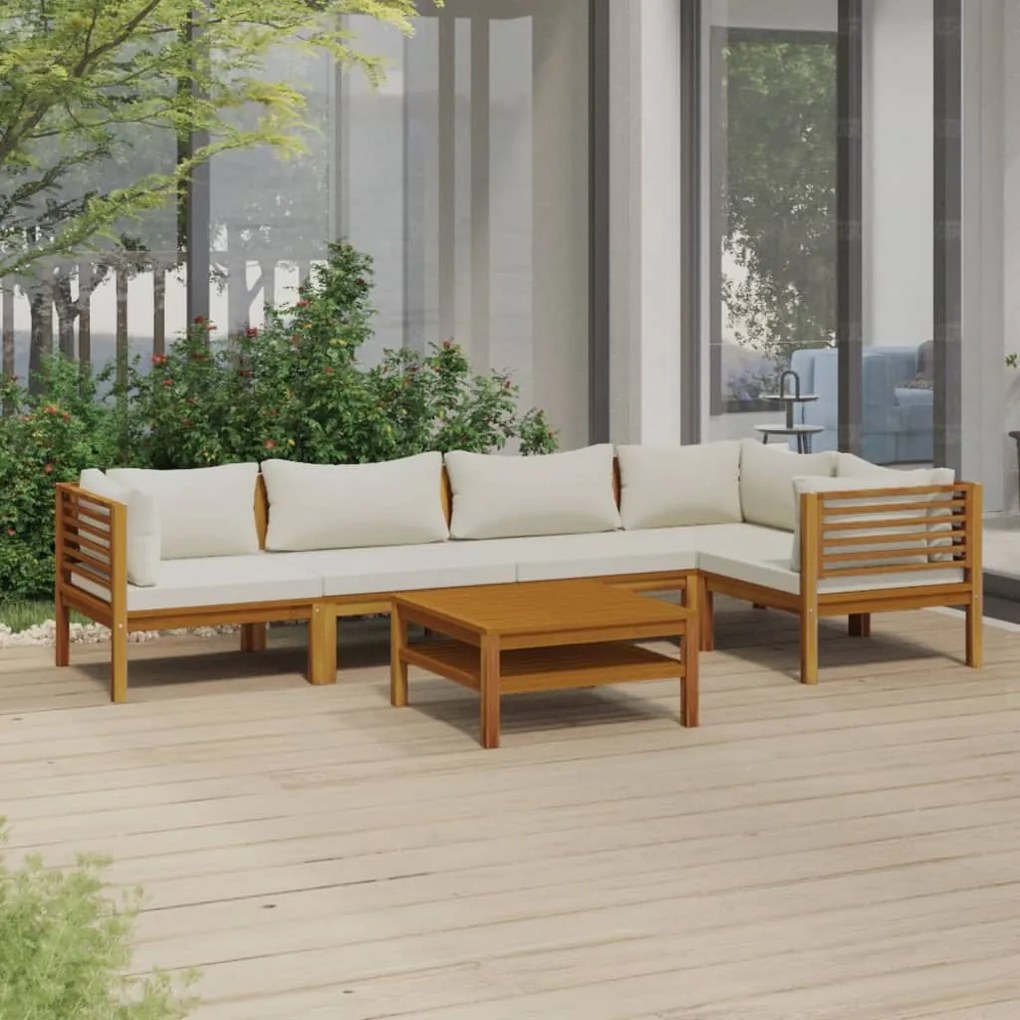 vidaXL 6 pcs conjunto lounge jardim c/ almofadões creme acácia maciça