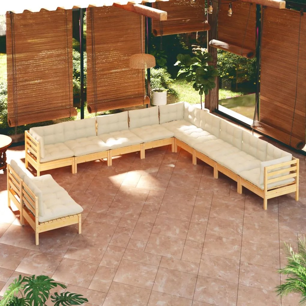 vidaXL 11 pcs conjunto lounge jardim c/ almofadões creme pinho maciço
