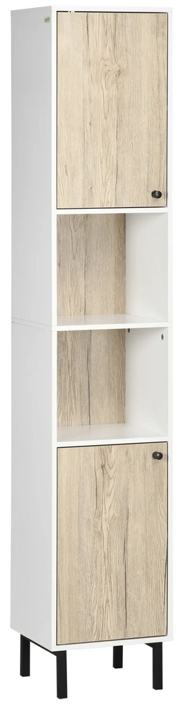 Coluna Casa de Banho Armário Alto Auxiliar de Casa de Banho com 2 Portas e 6 Prateleiras para Duche Estilo Moderno 30x31,5x169cm Branco e Carvalho