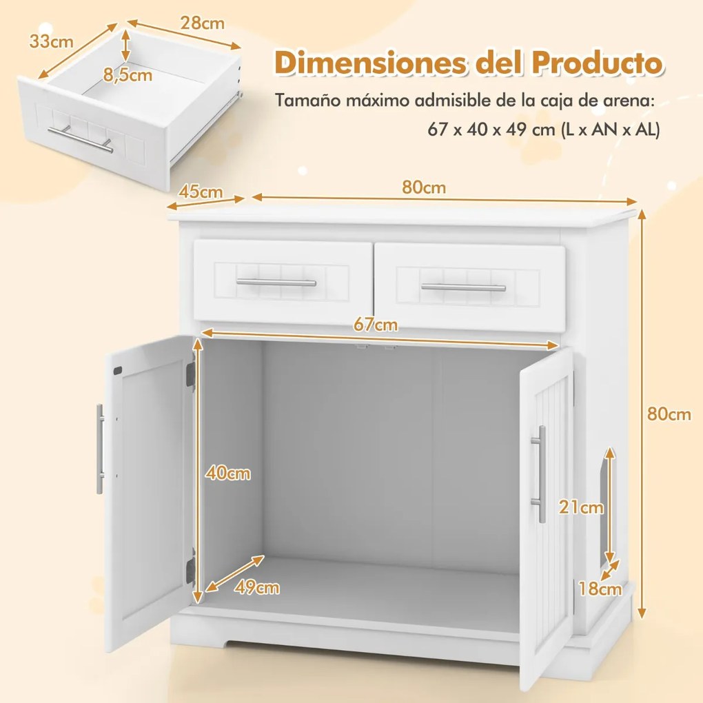 Caixa de areia para gatos 80 x 45 x 80 cm com compartimento oculto com 2 gavetas. Portas duplas com arrumação Branco