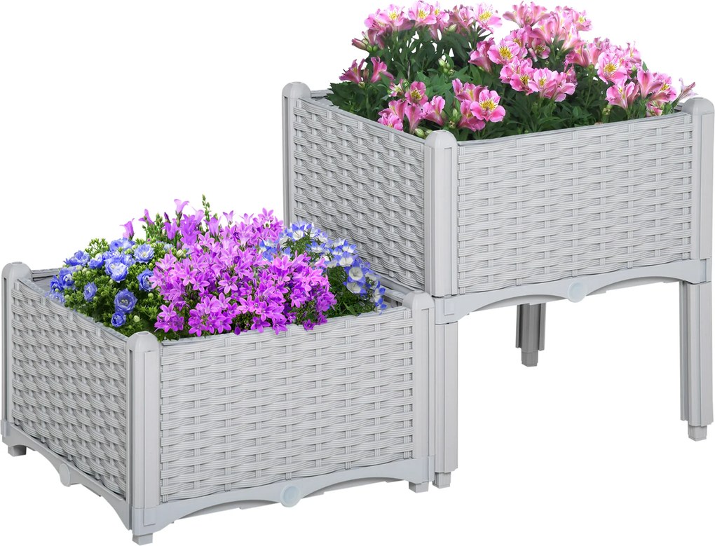 Conjunto de 2 Floreiras Quadradas Floreiras para Flores e Vegetais com Orifícios de Drenagem e Pés Altos 40x40x26-44 cm Cinza