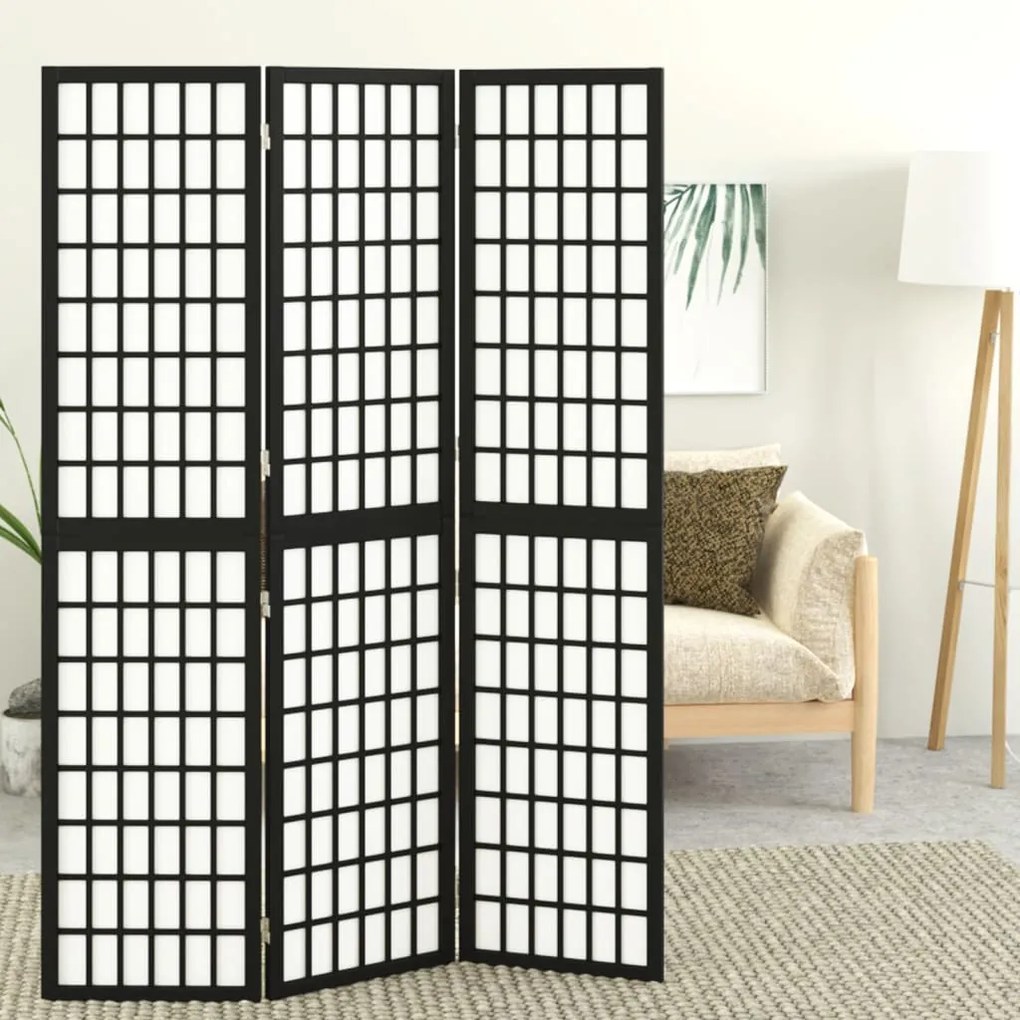 352079 vidaXL Biombo dobrável com 3 painéis estilo japonês 120x170 cm preto