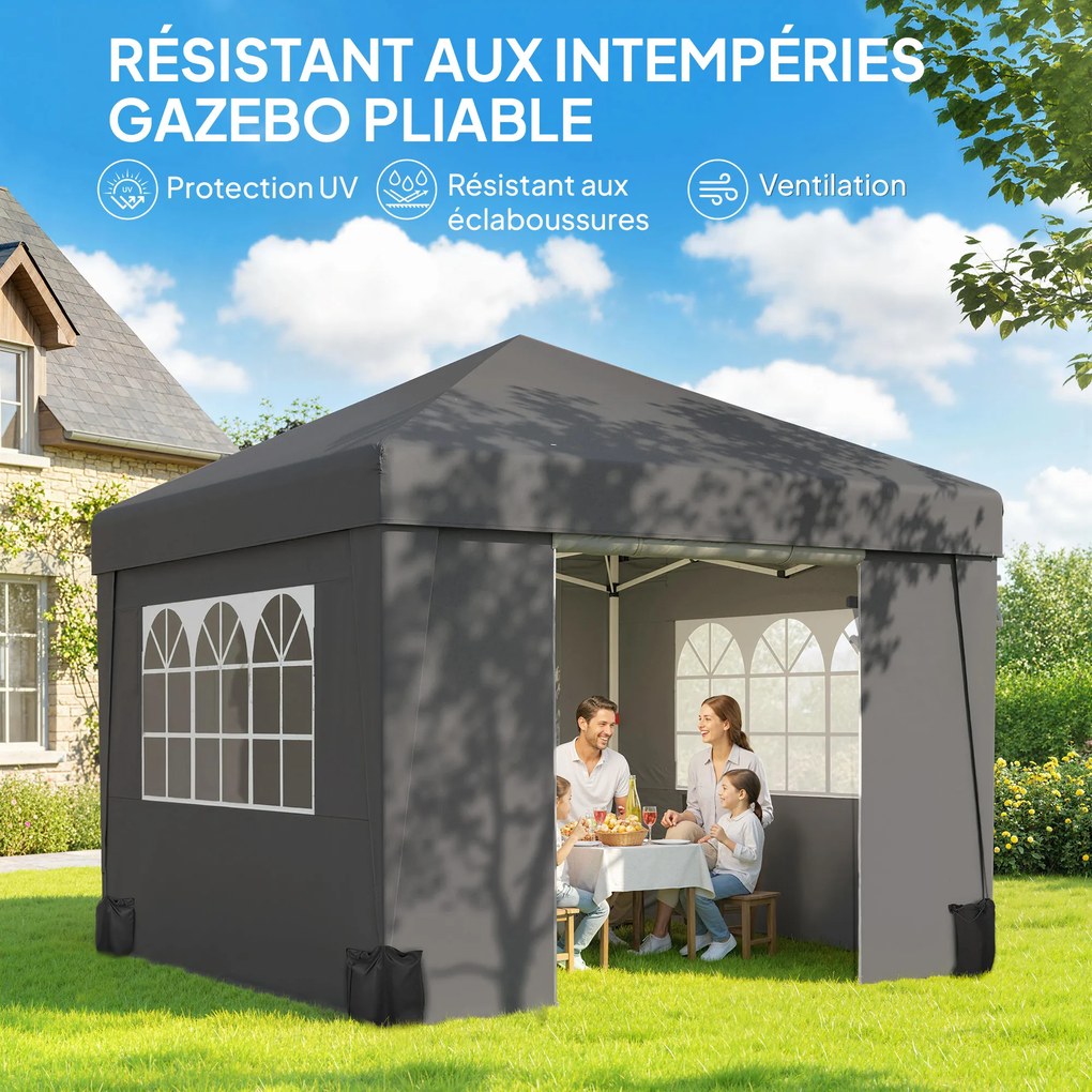 Tenda de jardim dobrável 3 x 3 x 2,75 m com proteção UV 30+ com janelas + paredes laterais + saco de transporte cinzento escuro