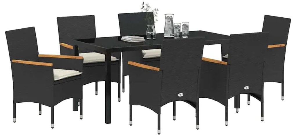 Conjunto de Jantar de Jardim de 7 Peças com Almofadas Pretas em Rattan