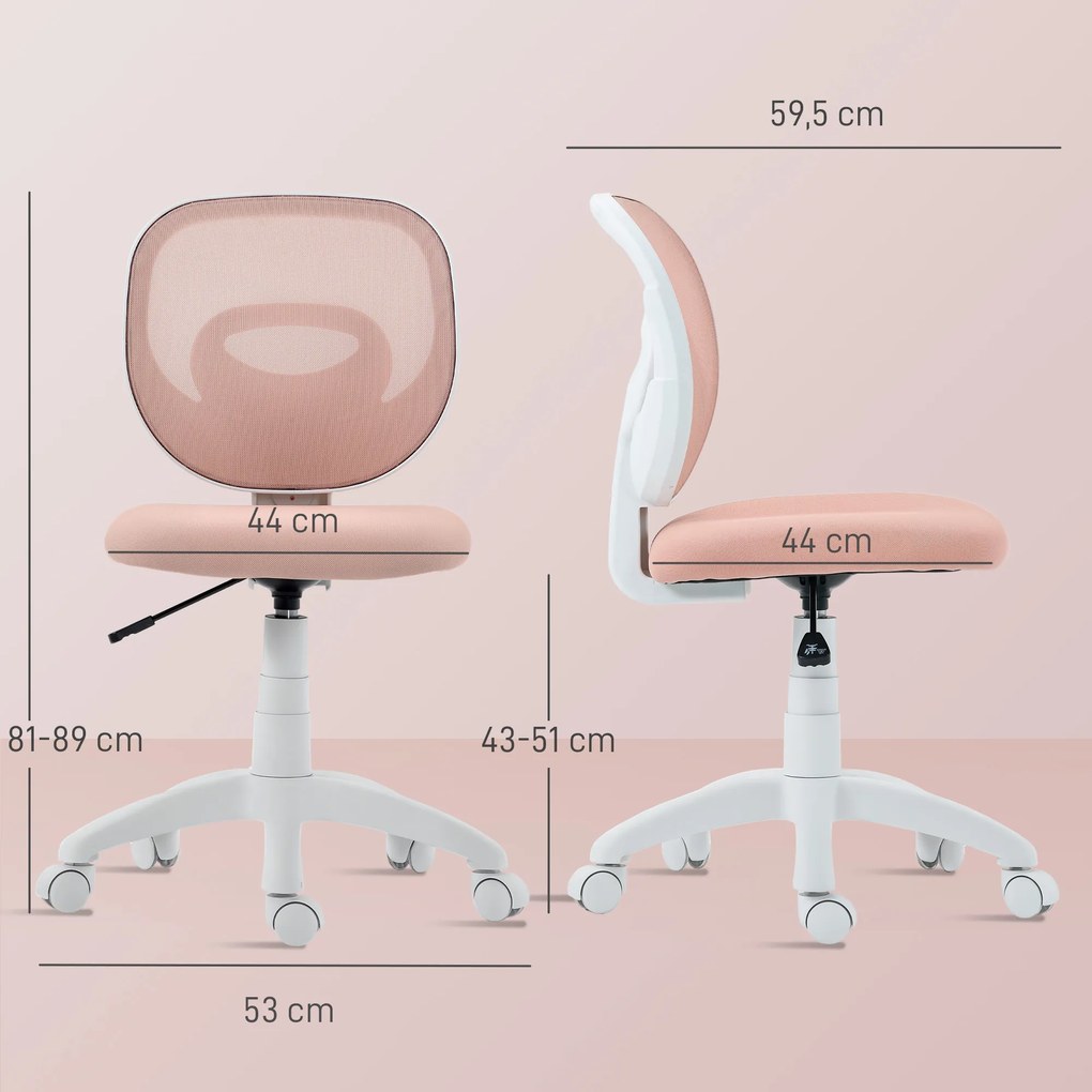 Cadeira de escritório ergonómica sem braços, cadeira de escritório em malha, altura ajustável, cor-de-rosa