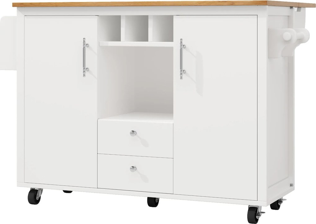 Ilha de cozinha com mesa abatível, amplo espaço de arrumação, suporte para garrafas, suporte para toalhas e especiarias, 137,9x45/73x92,2 cm, Branco