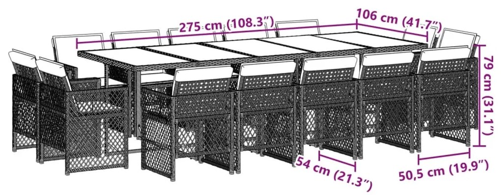 15 pcs conjunto jantar p/ jardim c/ almofadões vime PE castanho