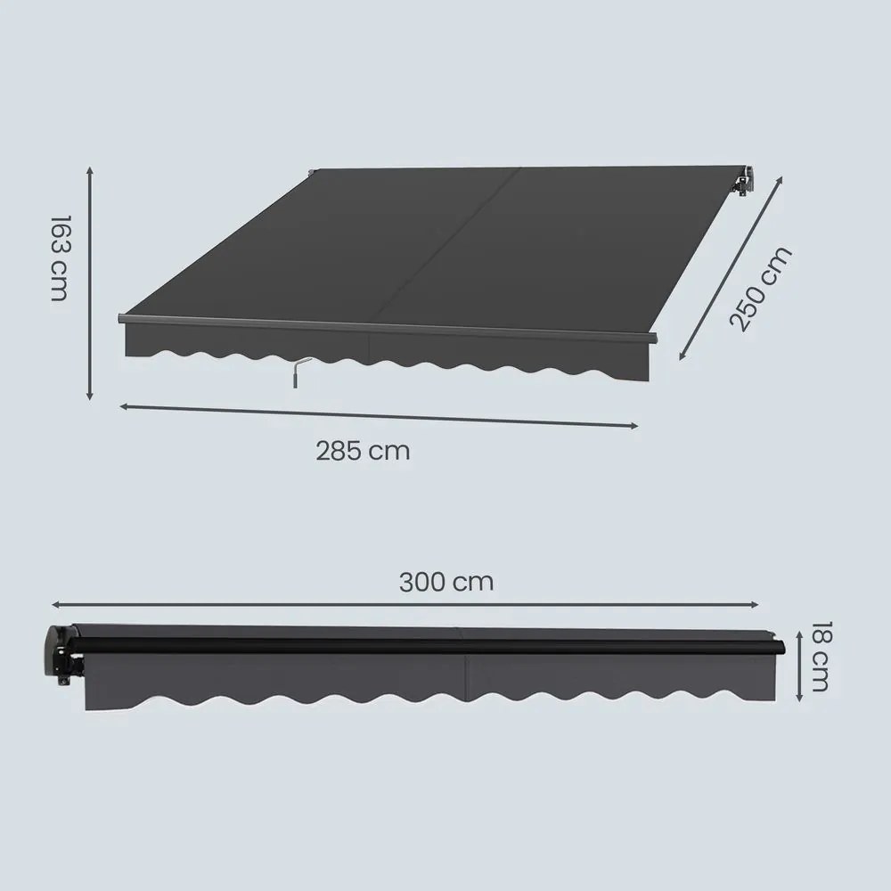 Toldo varanda de braço articulado 300 x 250 cm (C x L), manivela, FPS 50+Cinza