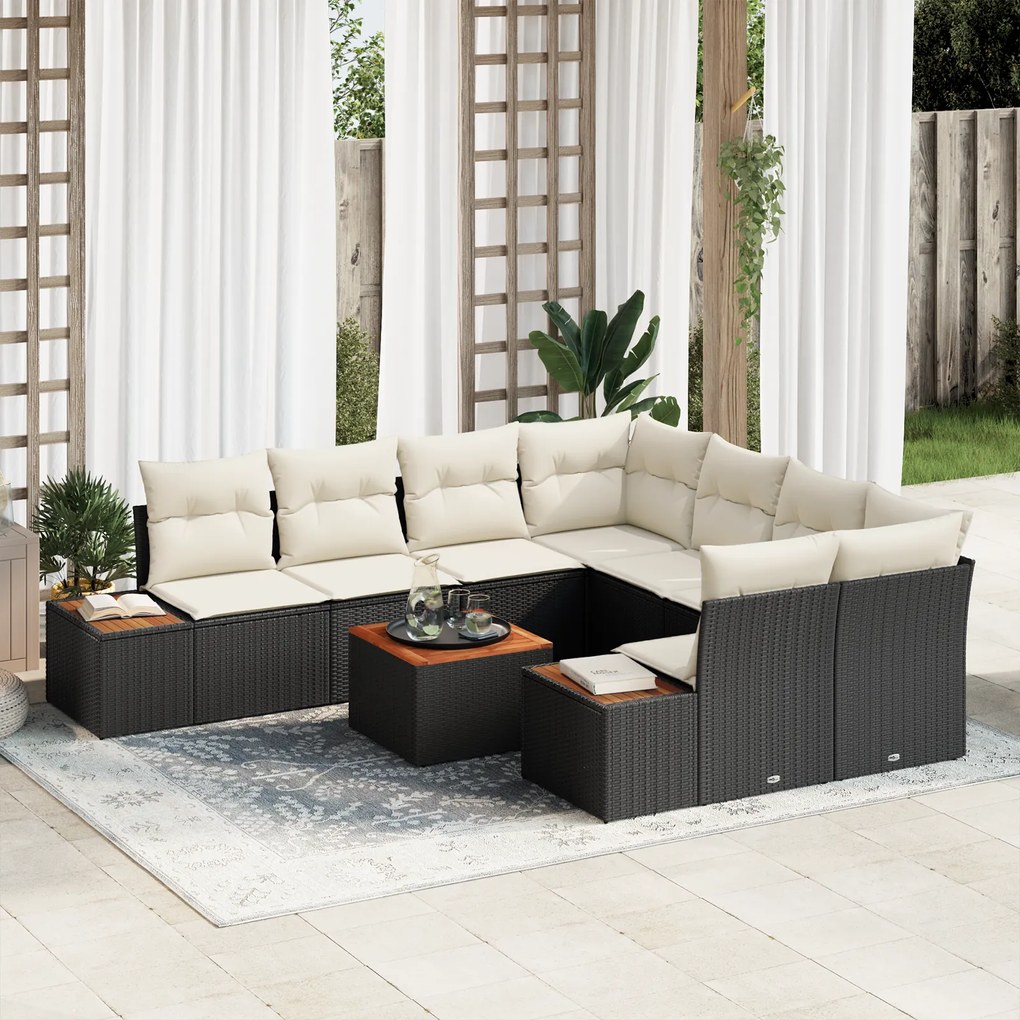 Conjunto de Sofá de Jardim vidaXL de 9 Peças com Almofadas em Preto Rattan Poliéster Acácia