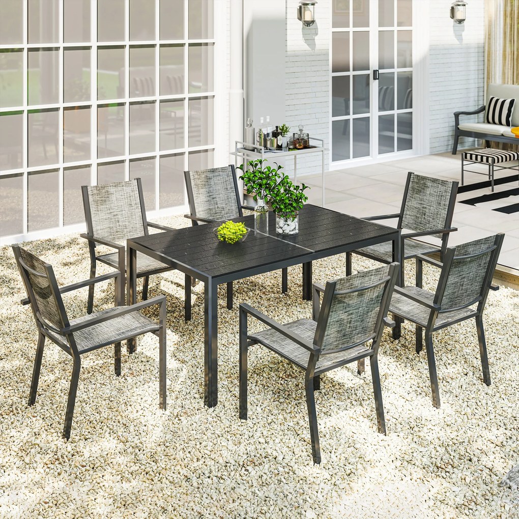 Mesa de jardim para exterior com 6 cadeiras empilháveis, tampo com ripas de 150 cm, estrutura em aço inoxidável, preta