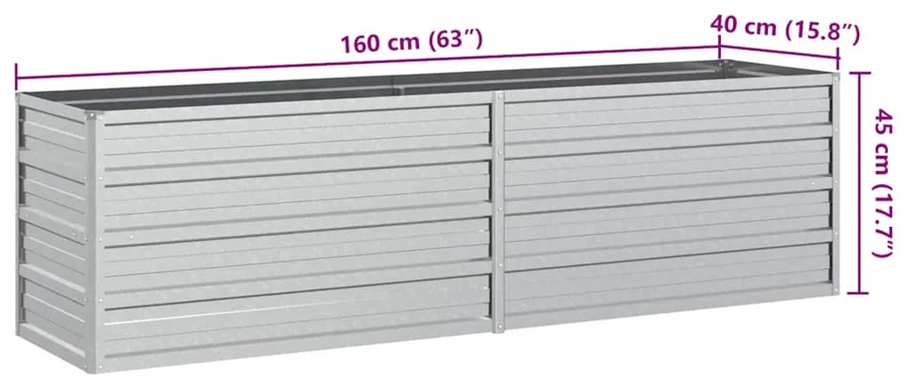 Canteiro elevado de jardim 160x40x45cm aço galvanizado prateado